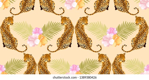 Floral leopard seamless pattern.  Animal print pattern with tropical leaves and flowers
