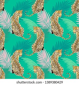 Floral leopard seamless pattern.  Animal print pattern with tropical leaves and flowers
