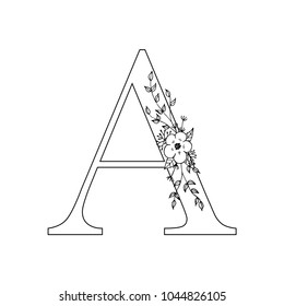 Floral letter A. Romantic lettering design with flowers. Isolated vector mono line symbol.