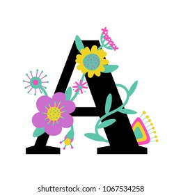 Floral letter A. Serif. Illustrated effect isolated on white background. Colorful character of alphabet letter font. Decorative element for birthday or greeting design