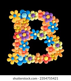 Floral letter B made of Plasticine flowers. Handmade, 3d, isolated vector illustration on a black background. Colorful Alphabet