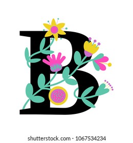 Floral letter B. Serif. Illustrated effect isolated on white background. Colorful character of alphabet letter font. Decorative element for birthday or greeting design