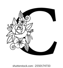 Floral Letter C Monogram, Botanical Typography Alphabet Logo Vector