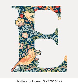 Floral letter 'E' design with intricate patterns. Birds and flowers fill the letter. Vibrant floral art. Letter 'E' with nature motifs. Decorative letter 'E'. Vintage art, isolated vector element.