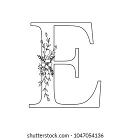 Floral letter E. Romantic lettering design with flowers. Isolated vector mono line symbol.