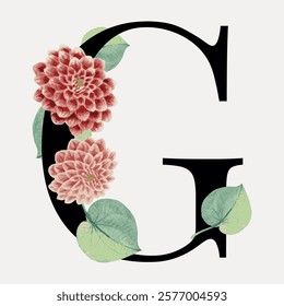 Floral letter G digital art illustration. Vintage letter typography vector. Vintage art lettering illustration, old painting art print. Isolated vintage letter typography vector.