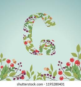 Floral Letter G. Flower  Alphabet . Colorful font. Vector illustration. 
