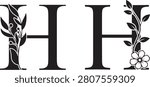 Floral Letter H Monogram Decorative Initial with Leafy Vines and Flower Design