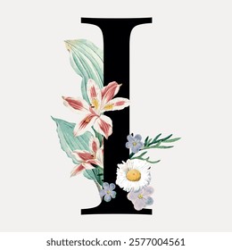 Floral letter 'I' design with lilies, daisies, and leaves. Elegant floral arrangement around the letter 'I'. Perfect for floral-themed decor or invitations. Vintage illustration isolated, vector.