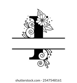 Floral Letter "I" Monogram, Black and White Botanical Alphabet Logo Design