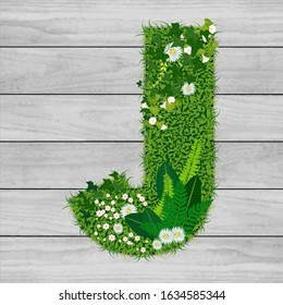 Floral letter J - vector illustration of a hard flowered grass a background of gray wooden planks.