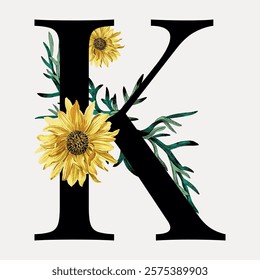 Floral letter K digital art illustration. Vintage letter typography vector. Vintage art lettering illustration, old painting art print. Isolated vintage letter typography vector.