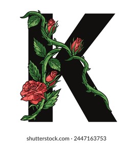 Floral letter K sticker colorful with scarlet rose entwining symbol of latin alphabet for design of floristry magazines vector illustration