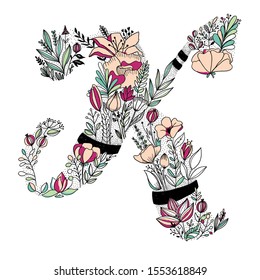 FLORAL LETTER K. VECTOR HAND LETTERING. LOGO LETTER K. DOODLE LETTER K. HAND DRAWN