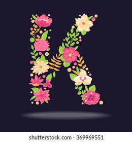 Floral letter (K). Vector isolated illustration on dark background