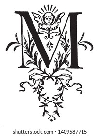 A floral letter M with baby angel, vintage line drawing or engraving illustration