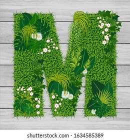 Floral letter M - vector illustration of a hard flowered grass a background of gray wooden planks.