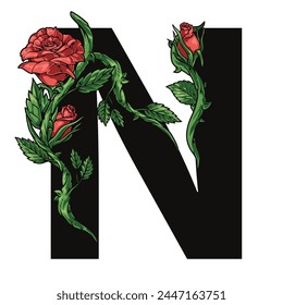 Floral letter N colorful emblem with beauty buds of roses entwining symbol of latin alphabet with prickly stems vector illustration