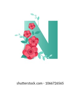 Floral Letter N Made of Flowers. Typographic, Monogram.Paper cut style. Vector illustration. 