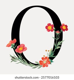 Floral letter O with vibrant flowers. Decorative letter O with colorful blooms. Elegant floral design featuring the letter O adorned with flowers. Vintage illustration isolated on white, vector.