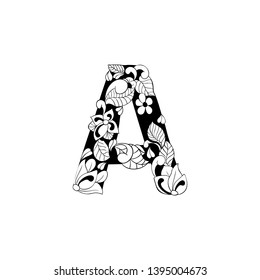 Floral letter A outline illustration. Alphabet symbol for coloring book or laser cutting. Leaves, flowers, petals doodle drawing. Monochrome linear blossom. Monogram with black and white batik texture