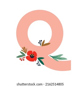 Floral Letter Q, flowers and leaves. Botanical letters collection for wedding or event invitation card decoration.