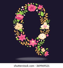 Floral letter (Q). Vector isolated illustration on dark background