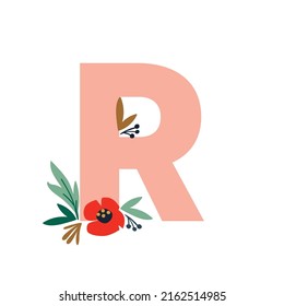 Floral Letter R, flowers and leaves. Botanical letters collection for wedding or event invitation card decoration.