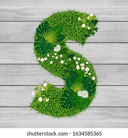Floral letter S - vector illustration of a hard flowered grass a background of gray wooden planks.