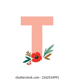 Floral Letter T, Flowers And Leaves. Botanical Letters Collection For Wedding Or Event Invitation Card Decoration.