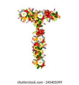 Floral letter T for your design, vector illustration