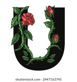 Floral letter U colorful element with summer flower scarlet rose and green petals around capital letter vector illustration