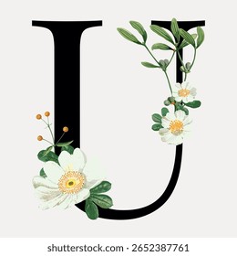 Floral letter U digital art illustration isolated on white, vector. Creative font and typography letter, isolated vector. Vintage patterned font.