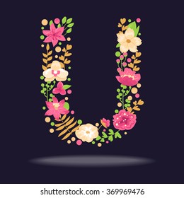 Floral letter (U). Vector isolated illustration on dark background