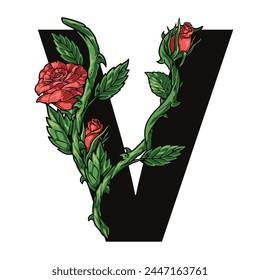 Floral letter V emblem colorful with elegant rose flowers and green petals around latin victory symbol vector illustration