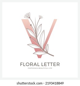 Floral letter V logo design for Luxury, Restaurant, Royalty, Boutique, Hotel, Jewelry, Fashion and other vector illustration for business and company