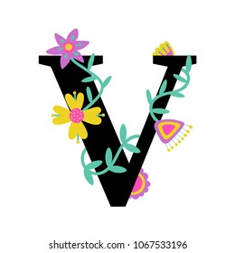 Floral letter V. Serif. Illustrated effect isolated on white background. Colorful character of alphabet letter font. Decorative element for birthday or greeting design