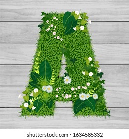 Floral letter A - vector illustration of a hard flowered grass a background of gray wooden planks.
