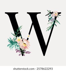 Floral letter W design with decorative flowers. Elegant W with flowers. Perfect for floral-themed designs. W with colorful floral accents. Vintage floral font vector.