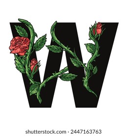 Floral letter W sticker colorful with elegant rose flowers and green petals around latin symbol vector illustration