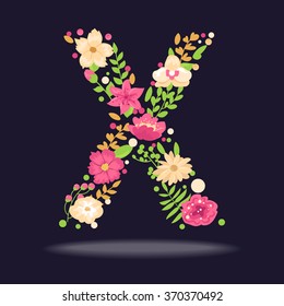 Floral letter (X). Vector isolated illustration on dark background