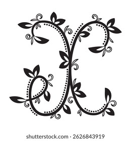 Bloemletter X met vintage wijnstokken en bladerige wervelingen in het zwart. Ideaal voor creatieve monogrammen, branding of grafische composities in eco-stijl.