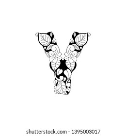 Floral letter Y outline illustration. Alphabet symbol for coloring book or laser cutting. Leaves, flowers, petals doodle drawing. Monochrome linear blossom. Monogram with black and white batik texture