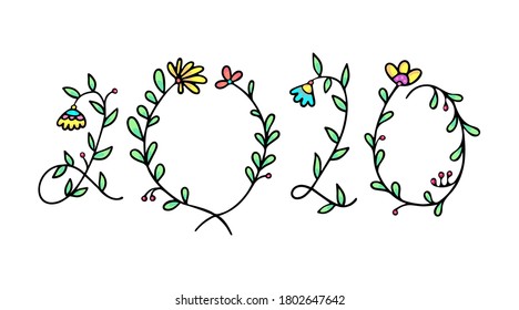 Floral lettering. Numbers two and zero in flower style.