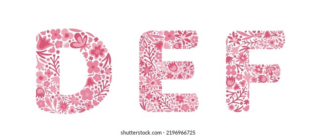 Letras florales D, E, F. Flores rosas. Alfabeto. Estilo Doodle. Ilustración vectorial aislada eps 10