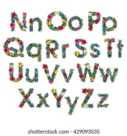 Floral Letters. Flower Capital Uppercase and Lowercase Alphabet . Colorful font. Vector illustration. Grotesque style. 