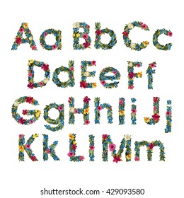 Floral Letters. Flower Capital Uppercase and Lowercase Alphabet . Colorful font. Vector illustration. Grotesque style alphabet.  