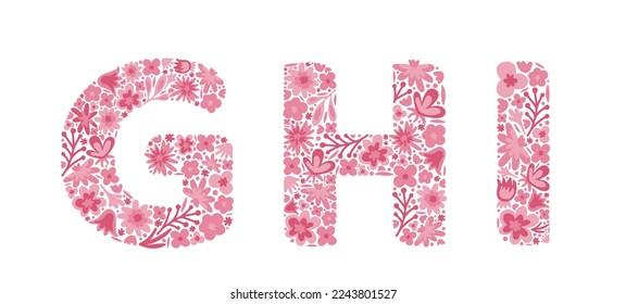 Floral letters G, H, I. Font of pink flowers. Alphabet. Doodle style. Isolated vector illustration eps 10