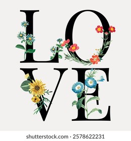 Floral letters spell 'LOVE' with colorful flowers. Decorative floral design with vibrant flowers. Artistic floral typography with blooming flowers. Vintage floral font vector.