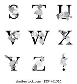 Floral letters S,T,U,V,W,X,Y,Z. Stylish floral vector alphabet. The composition of flowers and letters. Latin alphabet in monochrome retro style.